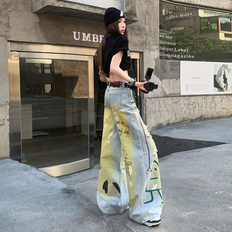 Printing lengthen jeans retro wide leg pants for women