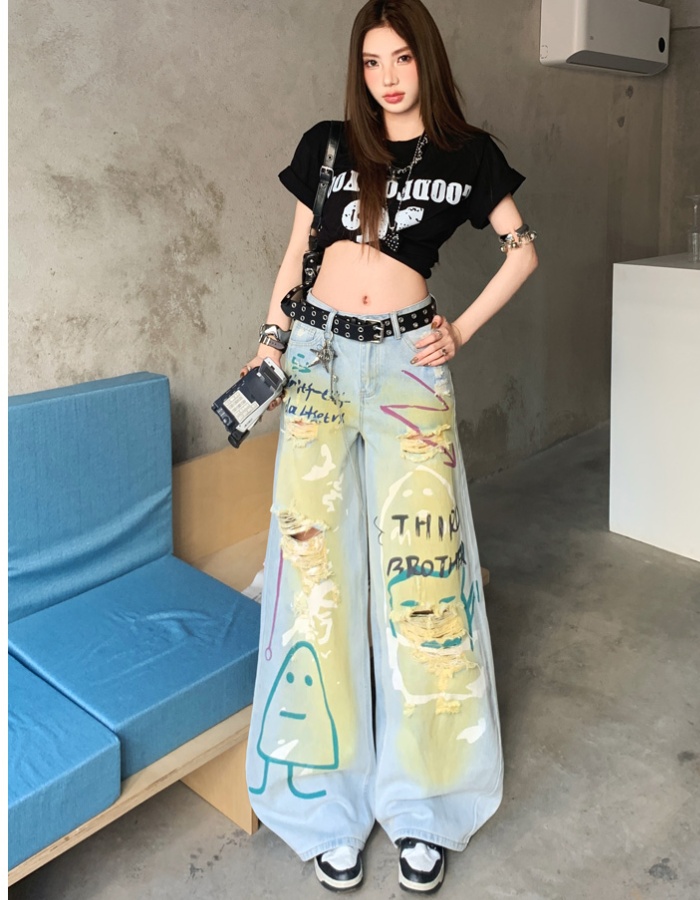 Printing lengthen jeans retro wide leg pants for women