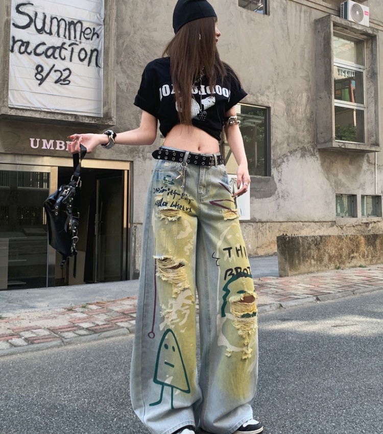 Printing lengthen jeans retro wide leg pants for women