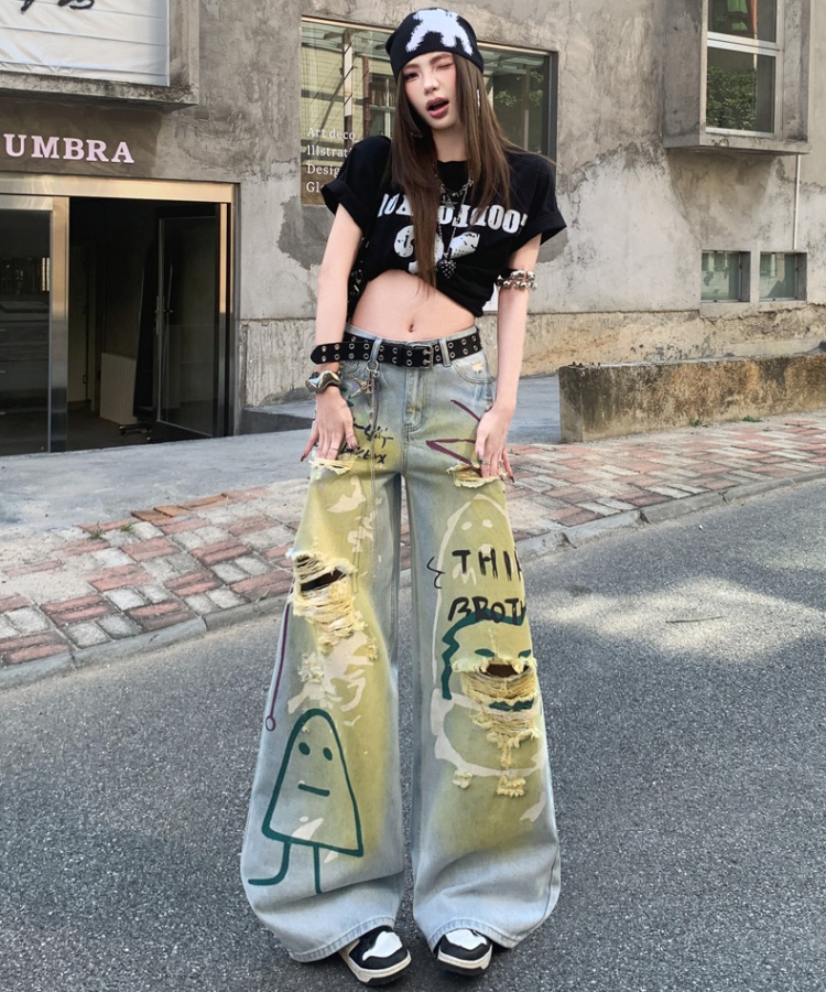 Printing lengthen jeans retro wide leg pants for women