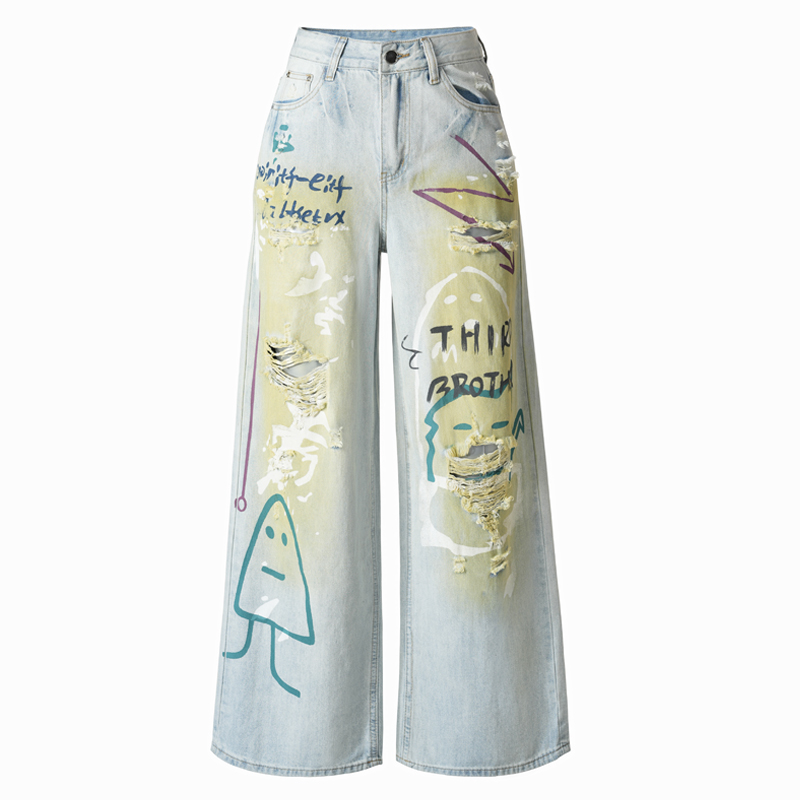 Printing lengthen jeans retro wide leg pants for women