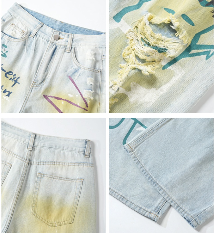 Printing lengthen jeans retro wide leg pants for women