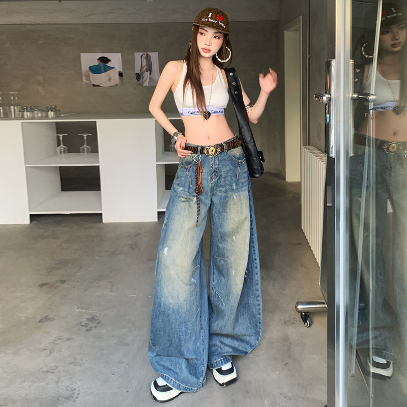 Retro denim long pants spring wide leg pants for women