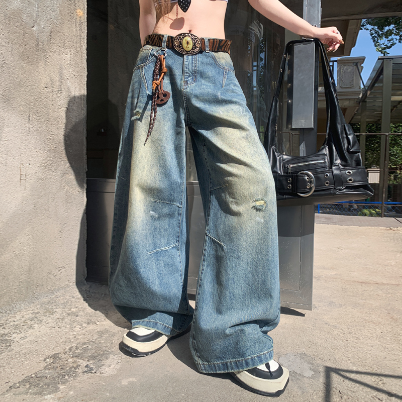 Retro denim long pants spring wide leg pants for women