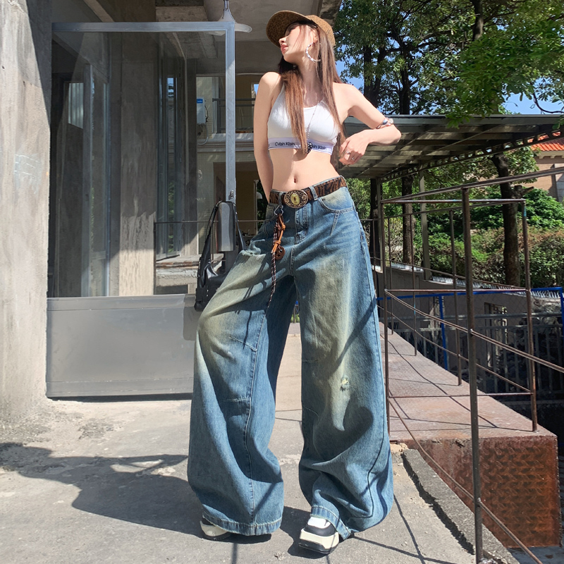 Retro denim long pants spring wide leg pants for women