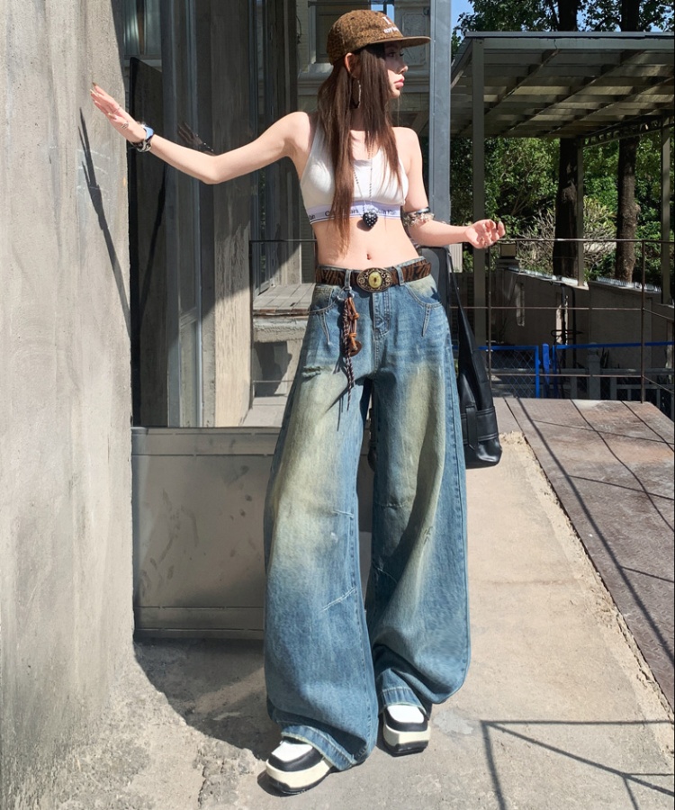 Retro denim long pants spring wide leg pants for women