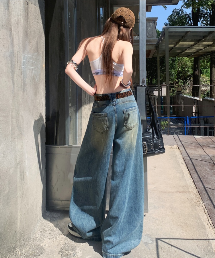 Retro denim long pants spring wide leg pants for women