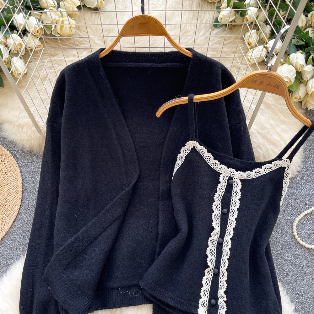 Commuting autumn lace knitted cardigan 2pcs set