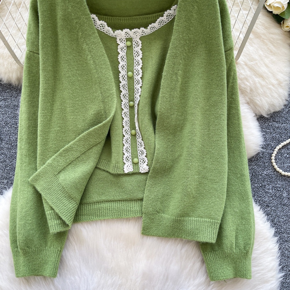 Commuting autumn lace knitted cardigan 2pcs set