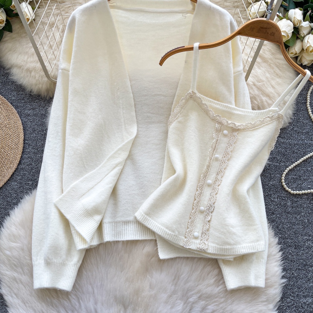 Commuting autumn lace knitted cardigan 2pcs set