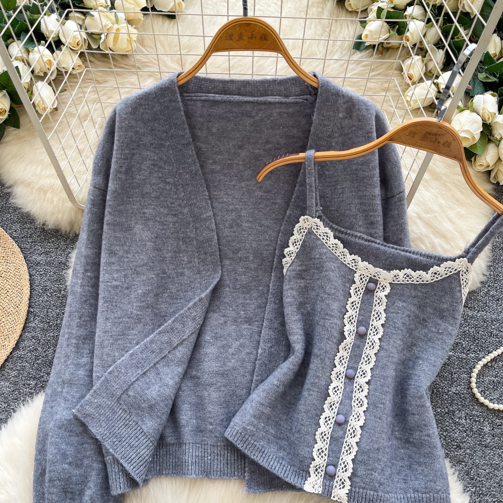 Commuting autumn lace knitted cardigan 2pcs set