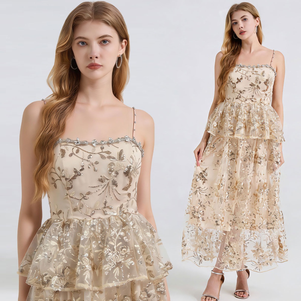 Sequins sling long light luxury chest pad dress