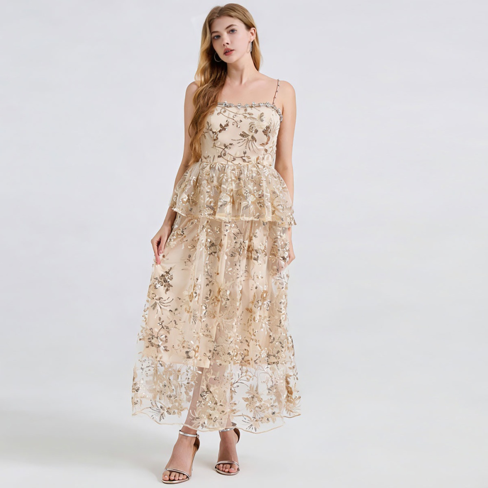 Sequins sling long light luxury chest pad dress