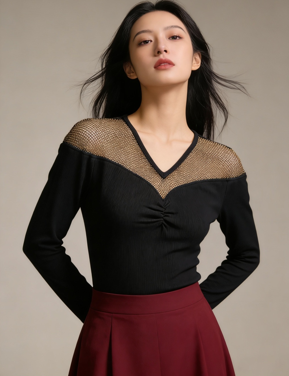 V-neck unique tops long sleeve cotton T-shirt for women