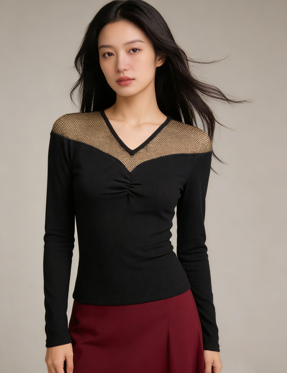 V-neck unique tops long sleeve cotton T-shirt for women