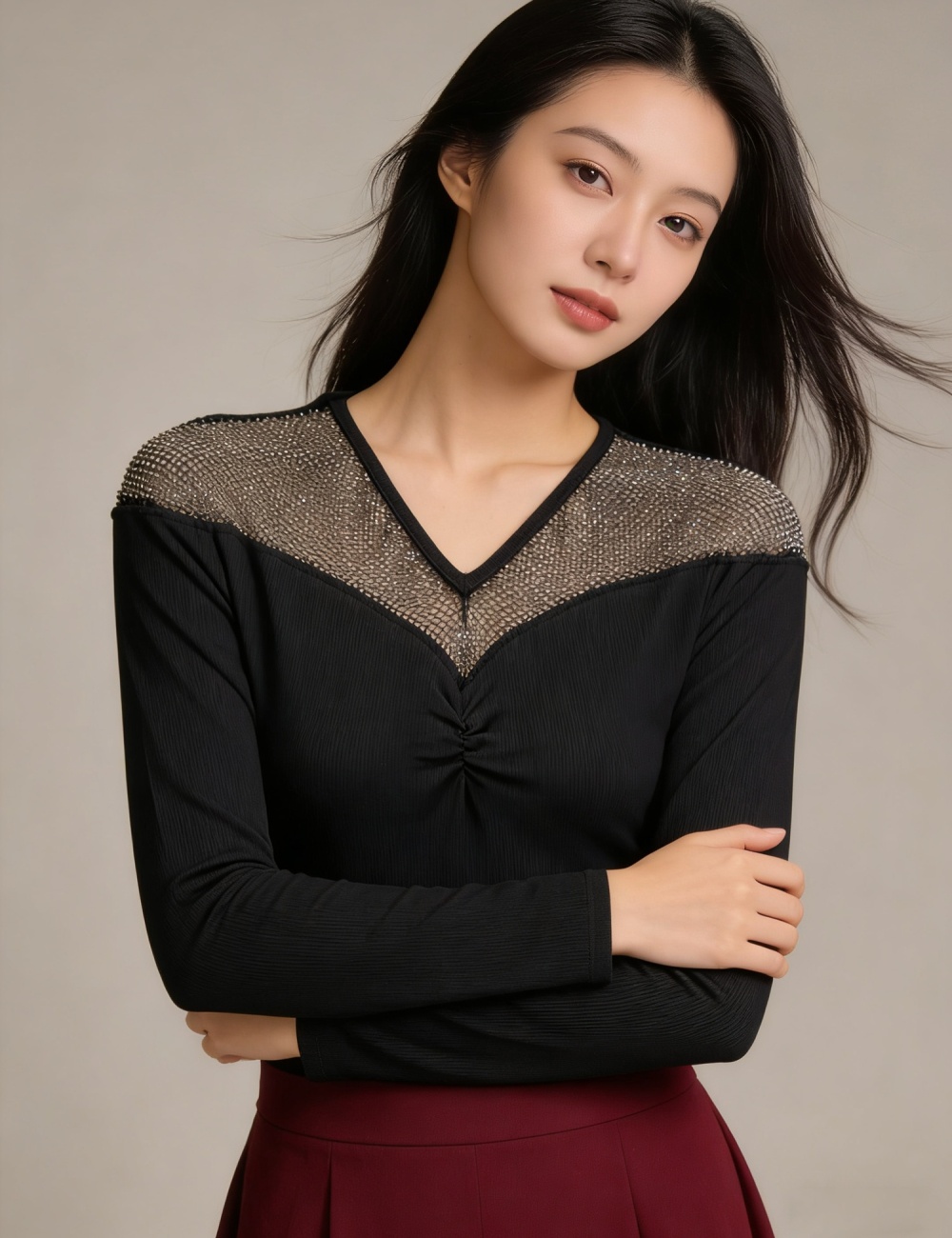 V-neck unique tops long sleeve cotton T-shirt for women