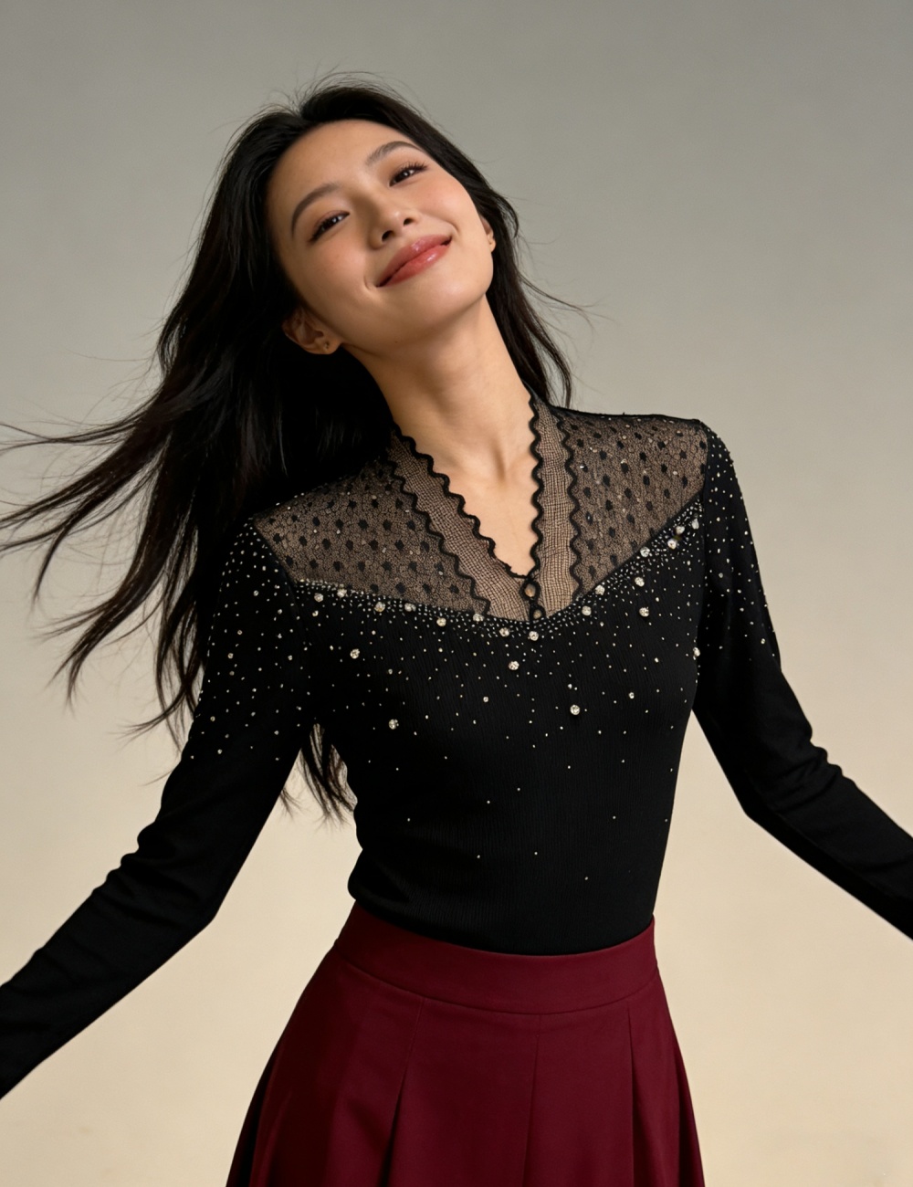 Spring beading light luxury tops fashion unique small shirt