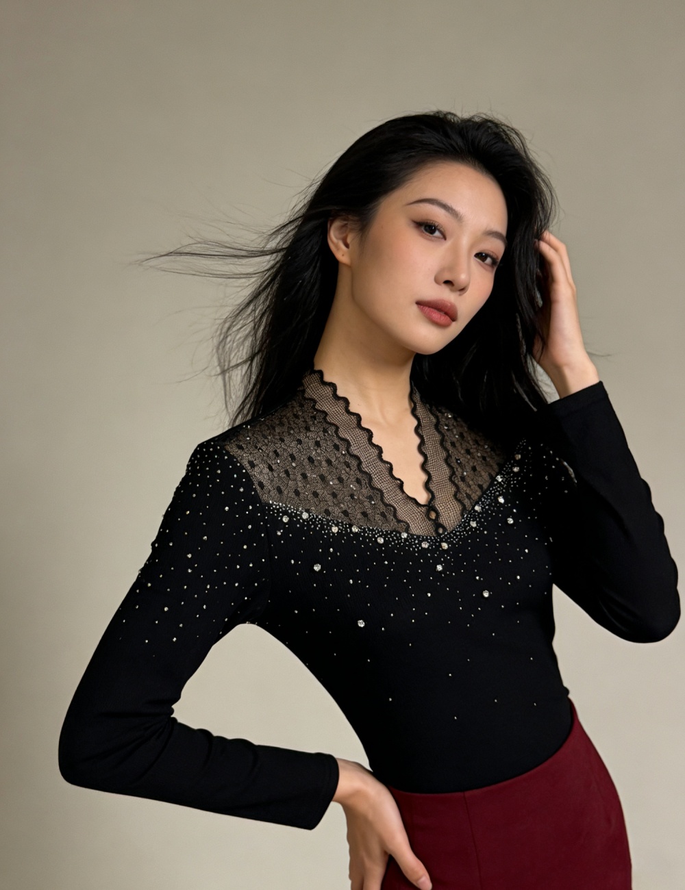 Spring beading light luxury tops fashion unique small shirt