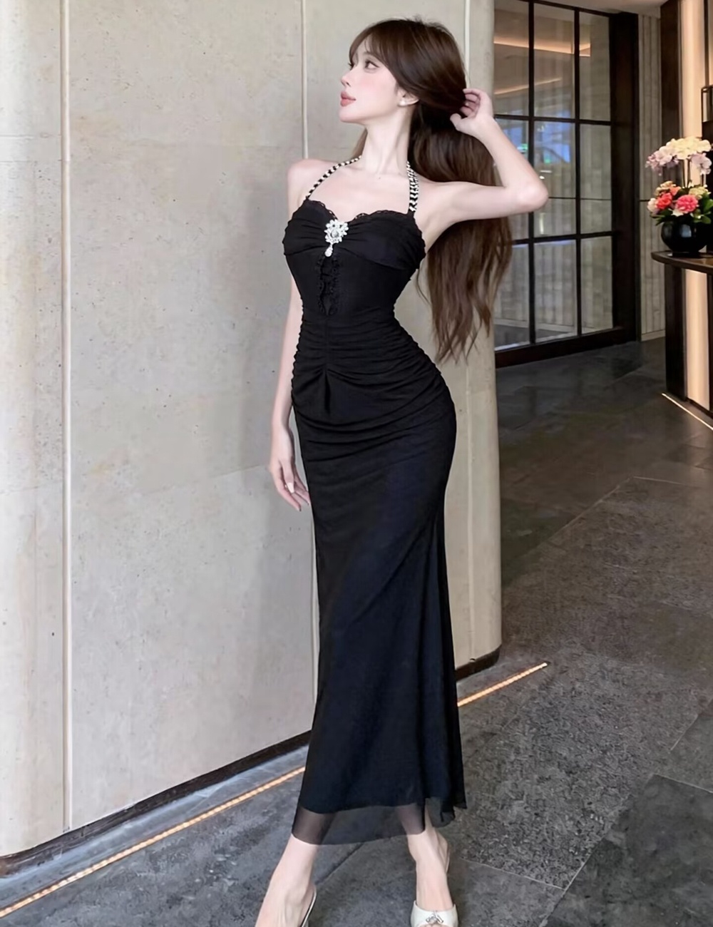 Diamond ladies halter formal dress temperament sling dress