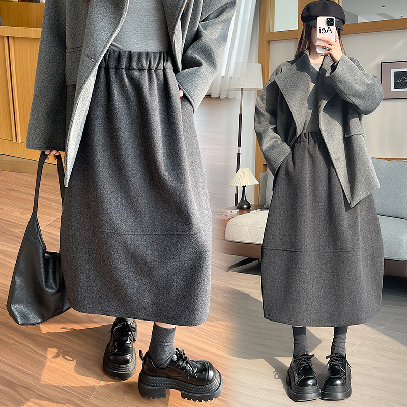 Korean style skirt woolen long dress for women