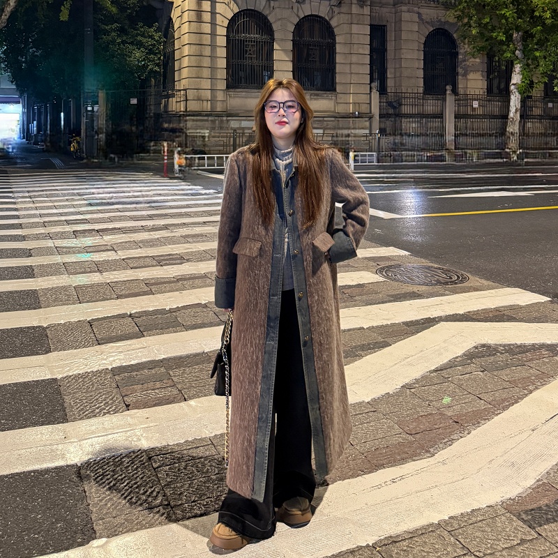 Slim splice denim woolen coat large yard loose overcoat