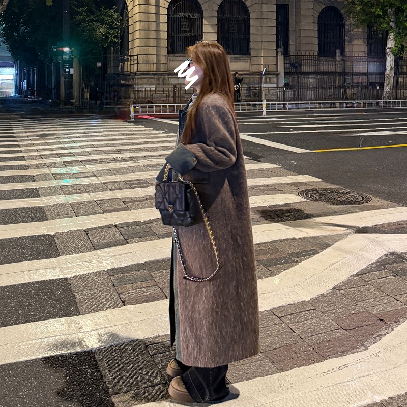 Slim splice denim woolen coat large yard loose overcoat