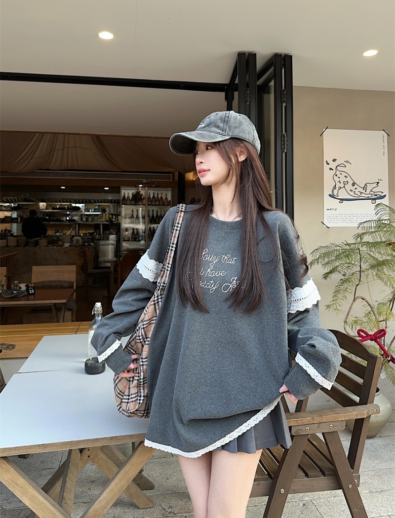 Lace long sleeve all-match tops splice spring slim T-shirt