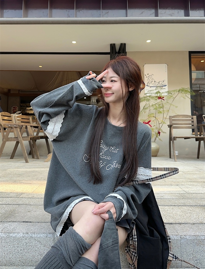 Lace long sleeve all-match tops splice spring slim T-shirt