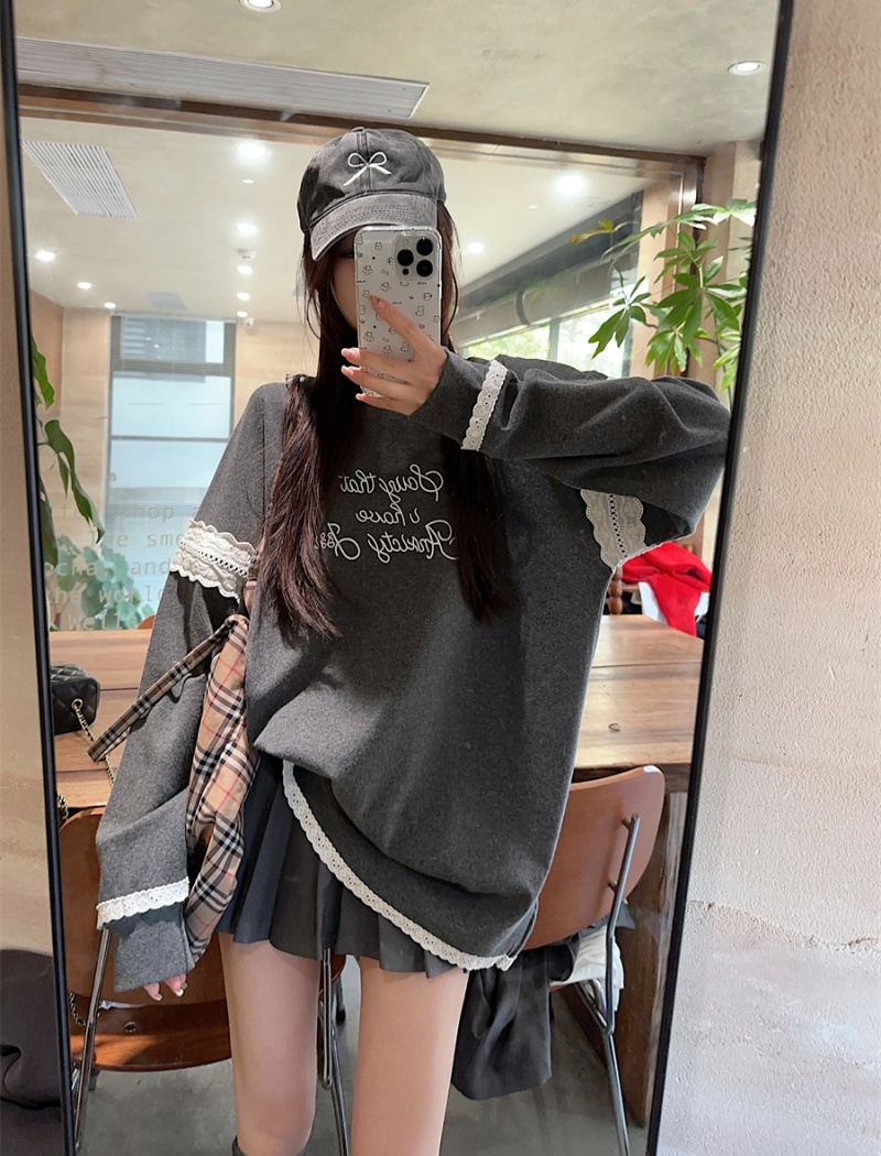 Lace long sleeve all-match tops splice spring slim T-shirt