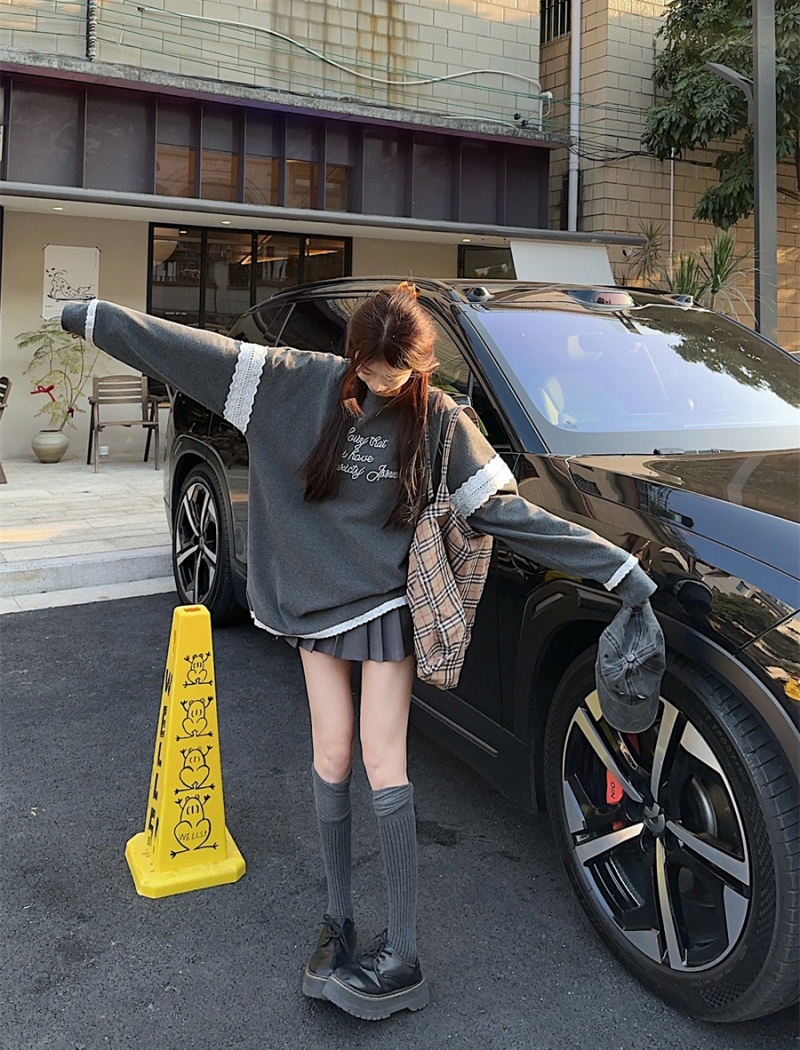 Lace long sleeve all-match tops splice spring slim T-shirt