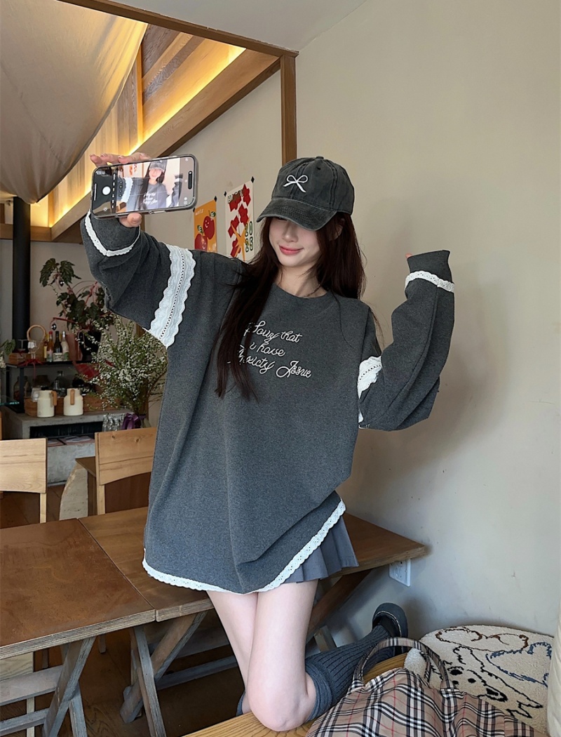 Lace long sleeve all-match tops splice spring slim T-shirt