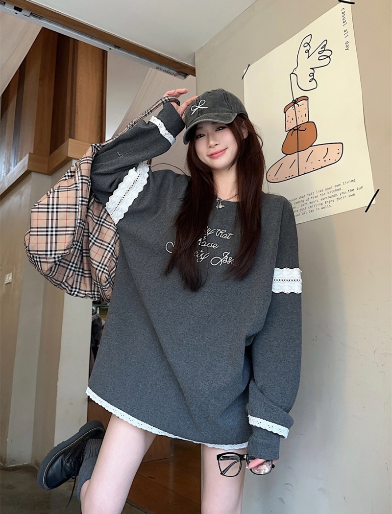 Lace long sleeve all-match tops splice spring slim T-shirt