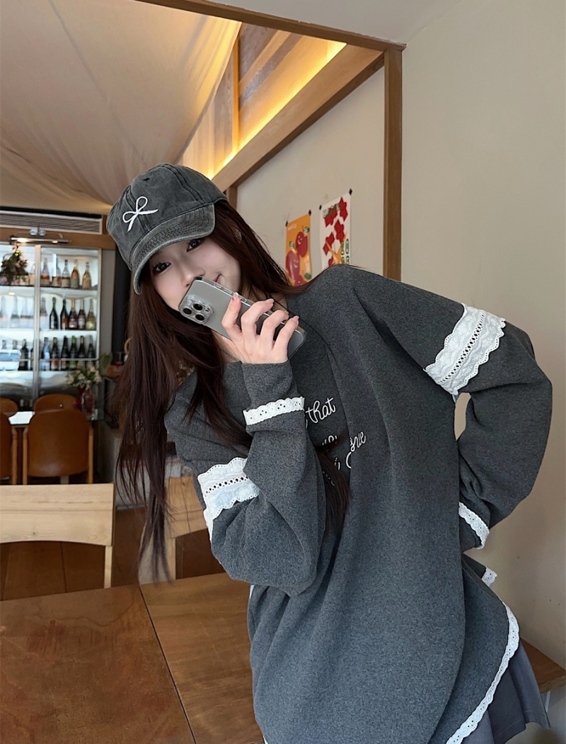 Lace long sleeve all-match tops splice spring slim T-shirt