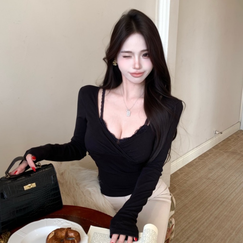 Splice lace shirts slim Pseudo-two tops for women