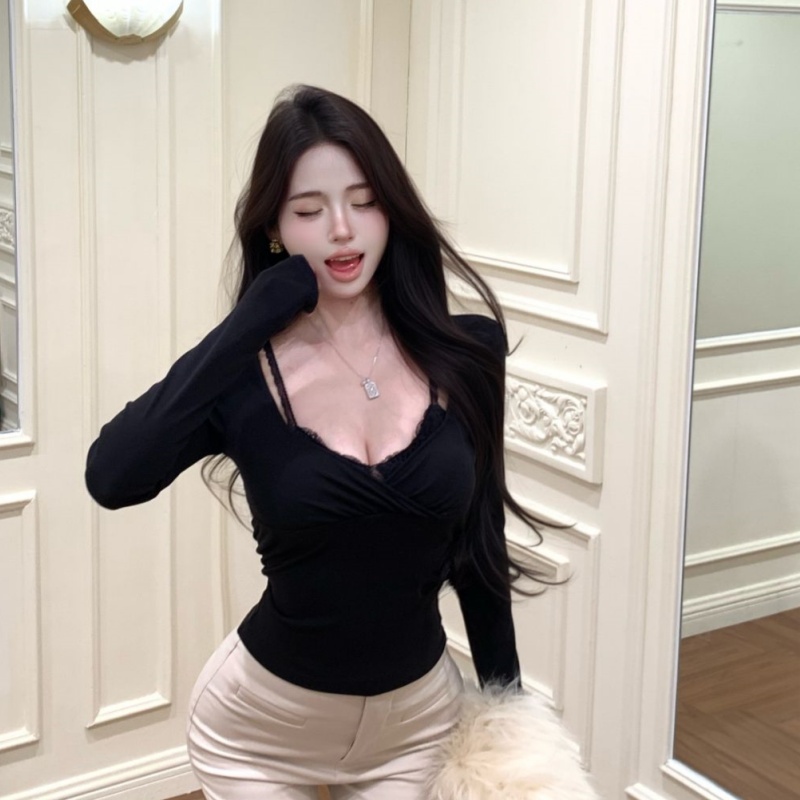 Splice lace shirts slim Pseudo-two tops for women