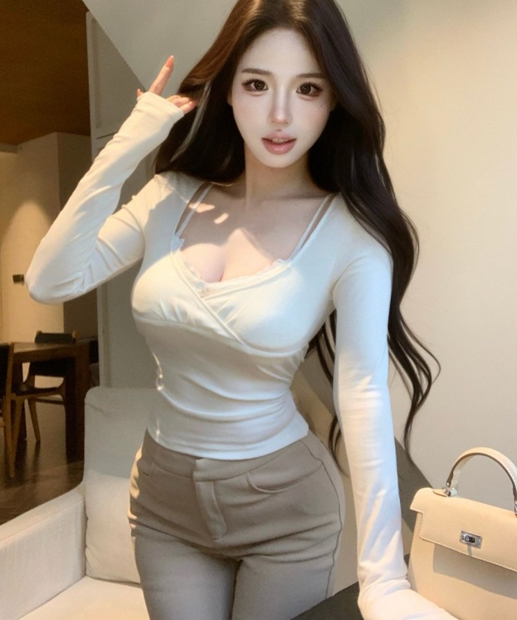 Splice lace shirts slim Pseudo-two tops for women