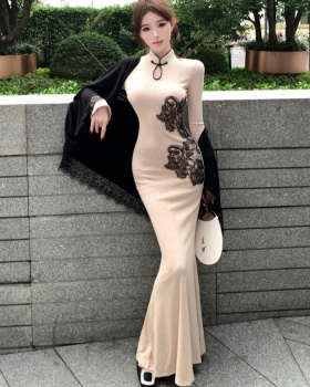 Embroidery pinched waist cheongsam slim cardigan 2pcs set