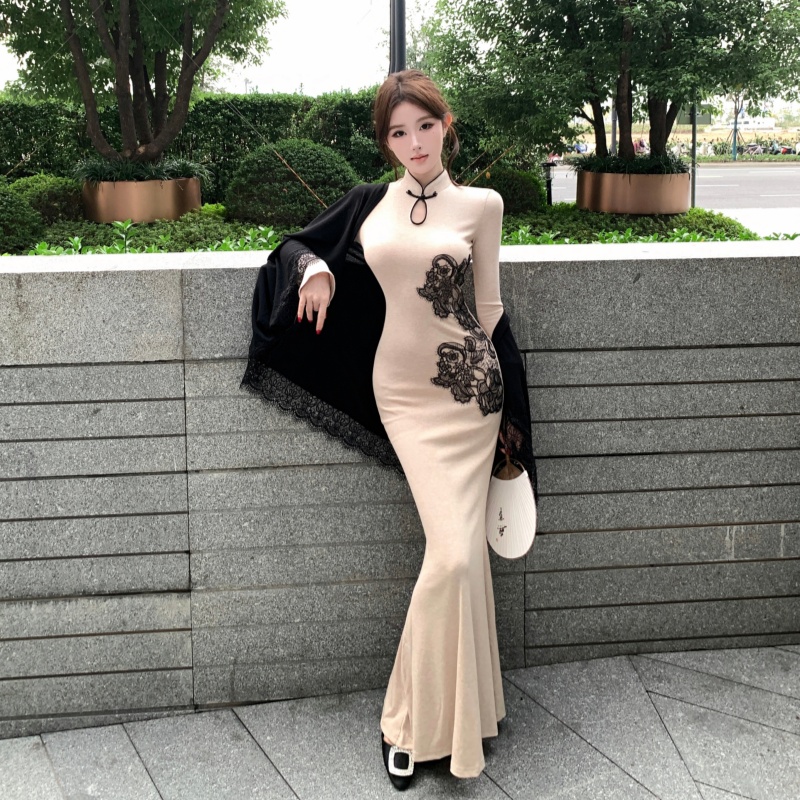 Embroidery pinched waist cheongsam slim cardigan 2pcs set