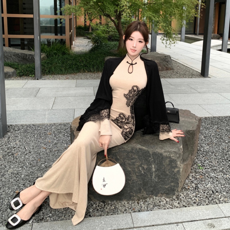 Embroidery pinched waist cheongsam slim cardigan 2pcs set