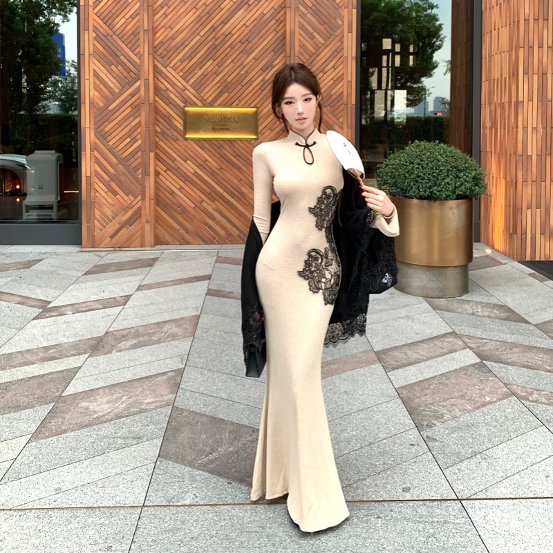 Embroidery pinched waist cheongsam slim cardigan 2pcs set