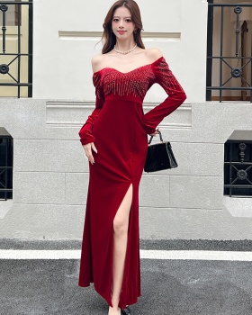 Golden velvet autumn dress fashion split long dress