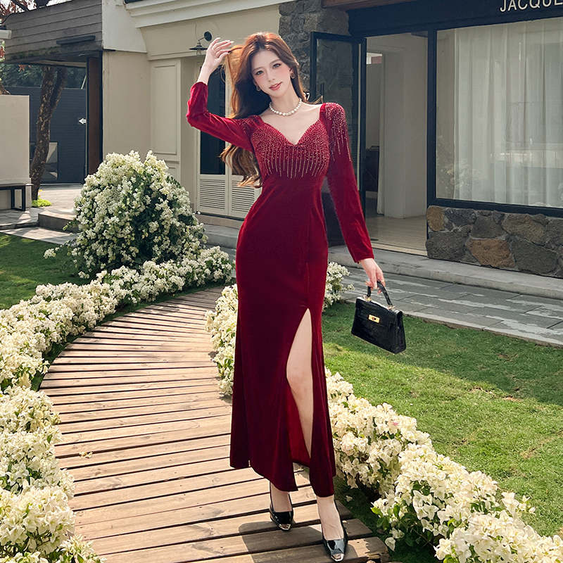 Golden velvet autumn dress fashion split long dress