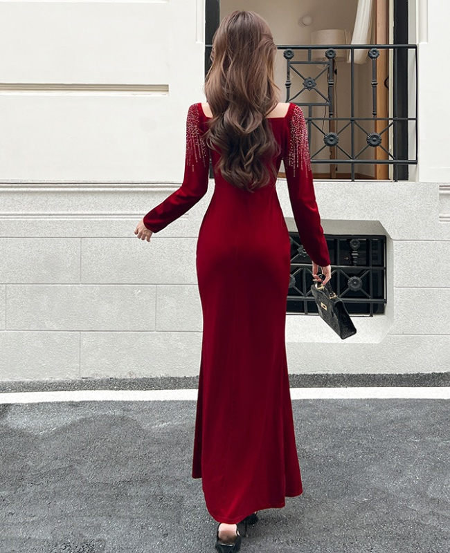 Golden velvet autumn dress fashion split long dress