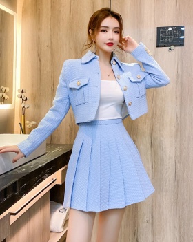 Pinched waist short skirt pleated coat 2pcs set