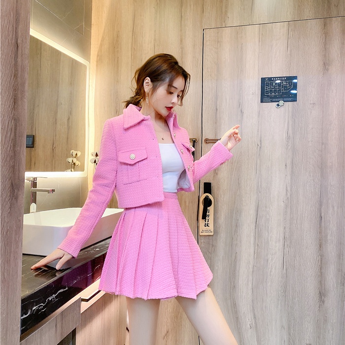 Pinched waist short skirt pleated coat 2pcs set