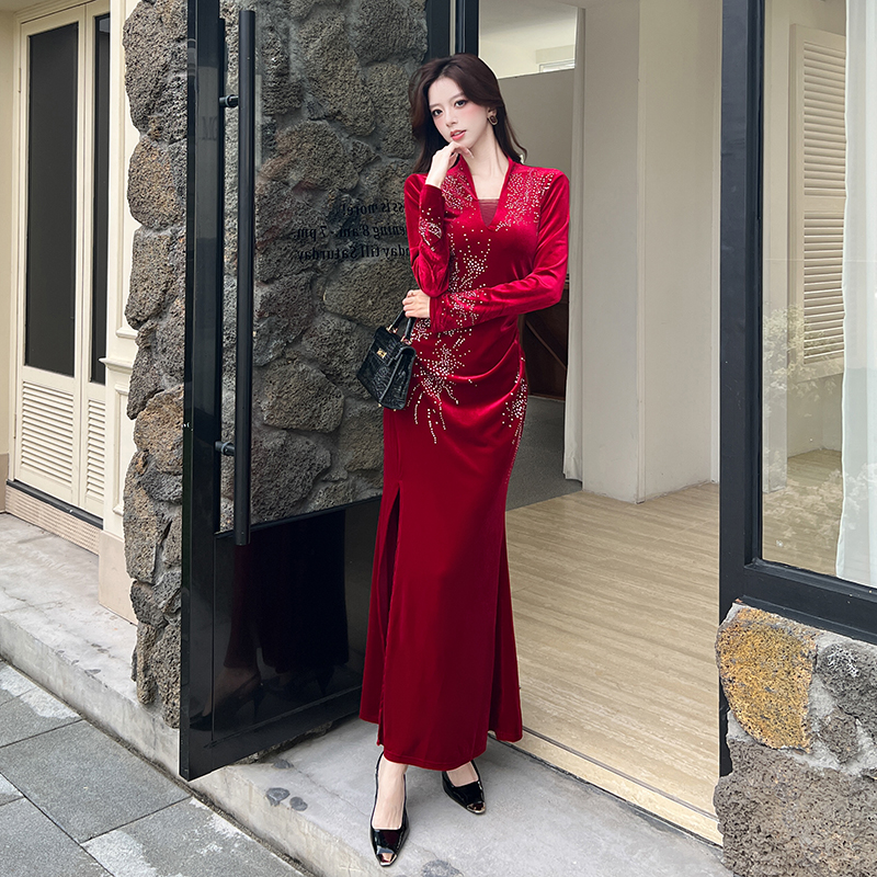 Rhinestone fashion dress autumn long dress