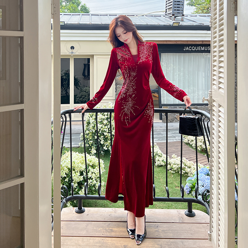 Rhinestone fashion dress autumn long dress