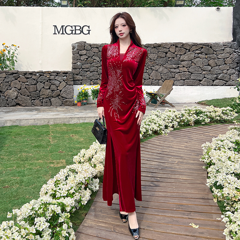 Rhinestone fashion dress autumn long dress