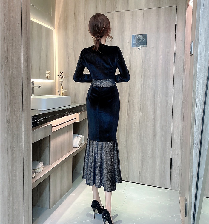 Golden velvet V-neck dress noble fashion long dress