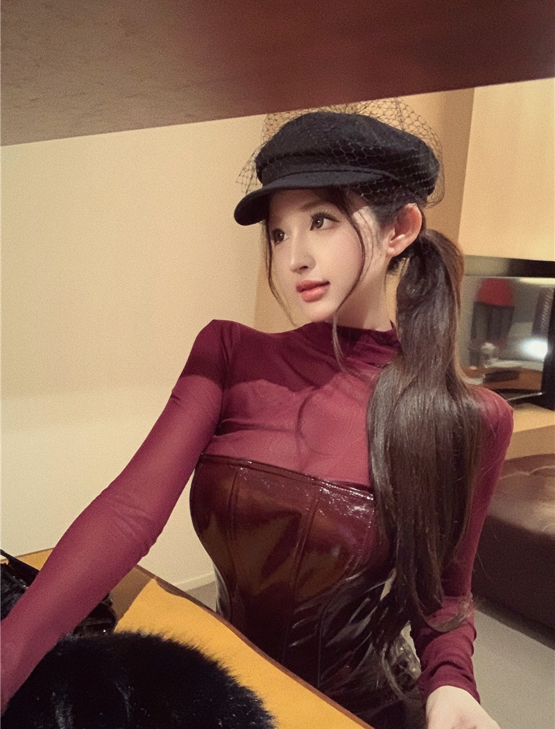 Red sexy tops enticement gauze T-shirt 2pcs set for women